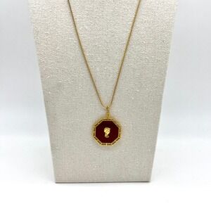 Cameo Pendant Necklace Gold Tone Chain Red Enamel Octagon Fleur de Lis Medallion